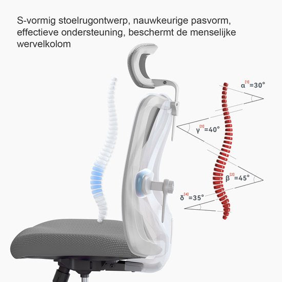 SIHOO M18 Ergonomische Bureaustoel-Ademend Mesh Design-Verstelbare Hoofdsteun & Lendensteun-Grijs