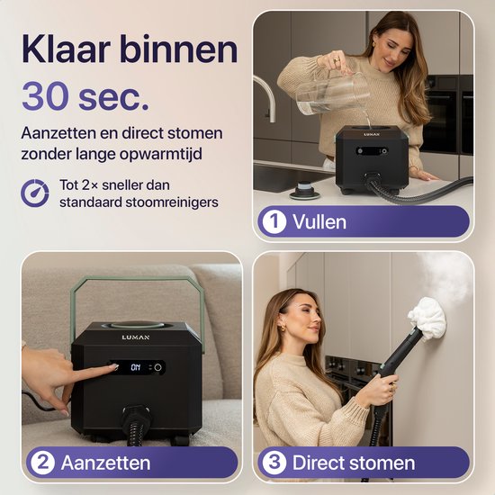LUMAN Stoomreiniger MAX – 2600W - 60 min Stoomtijd - 2.5L Watertank – Handstoomreiniger & Tapijtreiniger - Zwart