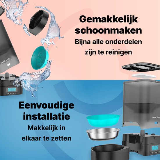 Jake and Jacky Automatische voerbak Kat en Hond - 5 Liter - Incl. RVS Voerbak & Slowfeeder - Voerautomaat & Anti-Schrokbak - Voerdispenser - Eetbak voor Katten & Honden - Zwart
