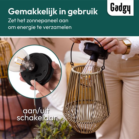 Gadgy Solar Tuinverlichting Rattan Beige - Tuinverlichting op Zonne Energie - Solar Tafellamp met USB-aansluiting - Buitenlamp Tuinbeeld - Tuinlantaarn met Dag/Nacht Sensor - Verlichting voor Buiten - Lantaarn Tuin