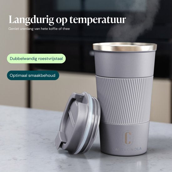 Castagnola Thermosbeker - Koffiebeker To Go - Travel Mug voor Koffie en Thee - Theebeker - 510 ML - RVS - Grijs