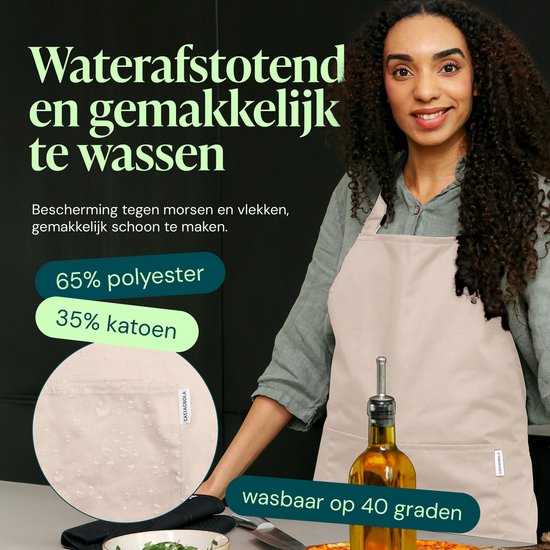 Castagnola keukenschort - Water- en vuilafstotend - Professioneel Kookschort - Schort voor Dames en Heren - Horeca Sloof - Unisex - Verstelbare Gesp - Extra Grote Vakken - Beige