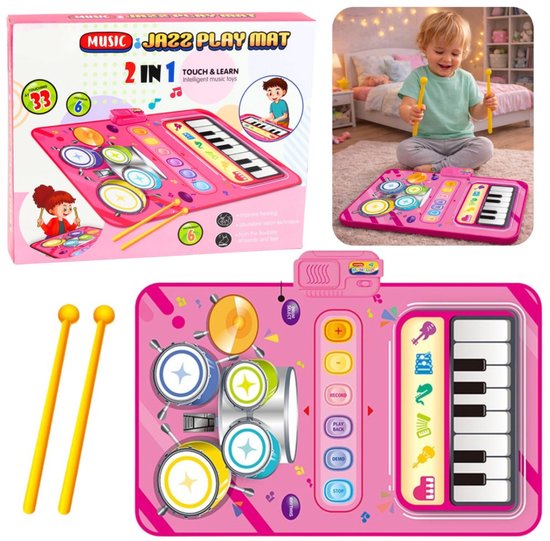 2-in-1 Muziekmat voor Kinderen – Piano & Drums – 33 Geluiden – 80 x 50 cm
