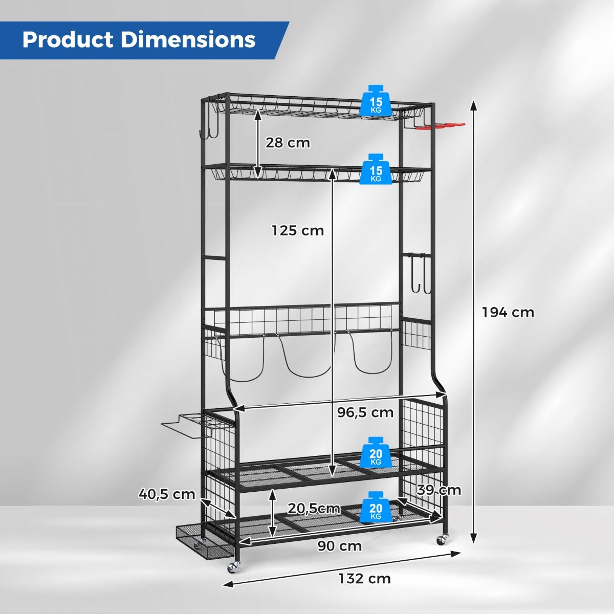 Coast Sportartikelenorganizer - met wieltjes - 4 haken - extra rek voor rackets - zwart 132 x 40,5 x 194 cm