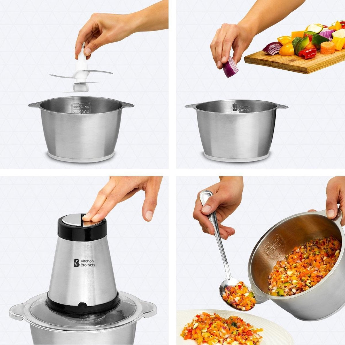 KitchenBrothers Hakmolen - Food Chopper - Elektrisch - 2 Snelheden - 300 W - 1,8 L - RVS Kom