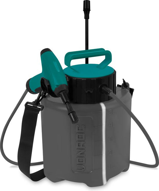 VONROC Accu drukspuit 5 liter – Nooit meer handmatig pompen – Comfortabel draagcomfort - Incl. 2 spuitlansen, schouderband en USB laadkabel