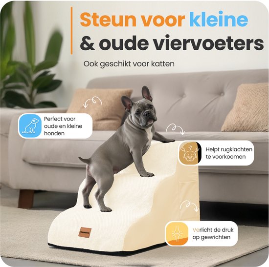 Pawesome - Hondentrapje voor honden - Hondentrap - Honden opstapje - 3 treden - 40 x 60 x 40 - extra stevig en comfortabel - 30D materiaal - Beige