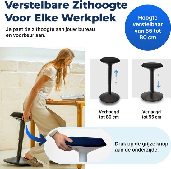 Backerz Wiebelkruk - Ergonomische Wiebel Stoel hoogte 55-80cm - Balanskruk - Zit Sta kruk - Zadelkruk Blauw