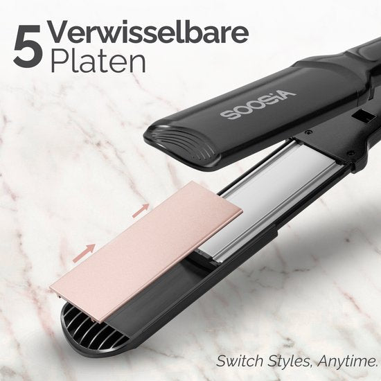 Soosia 5-in-1 Switch Styler – Stijltang, wafeltang, Golftang & Krultang – 3,5 cm Keramische Platen – Rosegoud