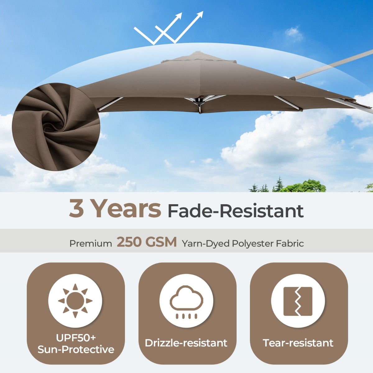 Coast Vrijhangende Parasol - 360° draaibaar - Verstelbare kanteling - Bruin/Beige - 339 x 260 cm