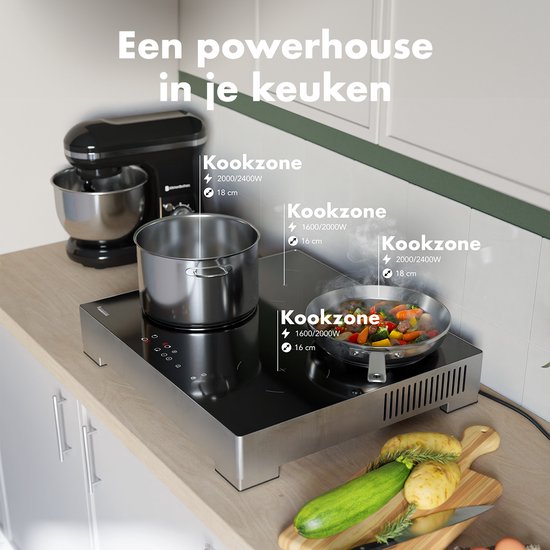 KitchenBrothers Inductie Kookplaat - Vrijstaande Inductieplaat - 60 cm - 4 Zones - 1 Fase - Tot 2400W - Zilver/RVS