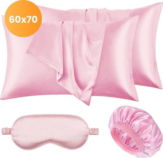 Satijnen set kussensloop - Incl. bonnet en slaapmasker - 60x70 cm - Slaapmuts - Krullen - Satijn - Moerbij - Zijden - Beauty - Silk - Zachte - Satin roze - Soft & Silky
