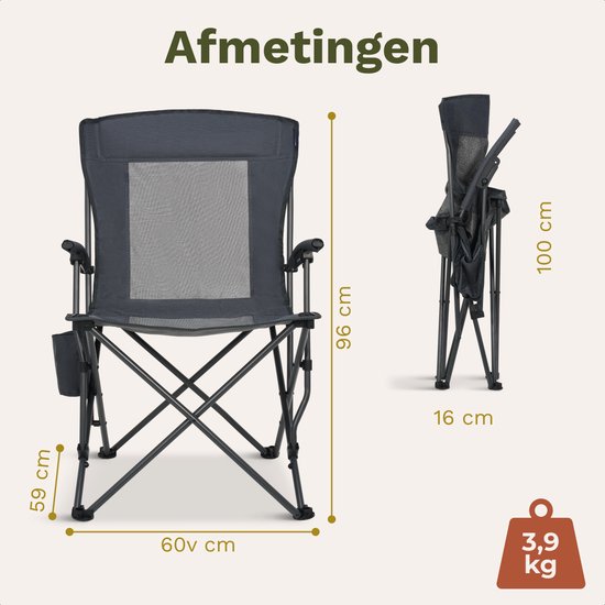 TRVLMORE Campingstoel - Opvouwbaar - 150KG Draagvermogen - Incl. Draagtas - Klapstoel - Visstoel - Kampeerstoel - Vouwstoel - Grijs