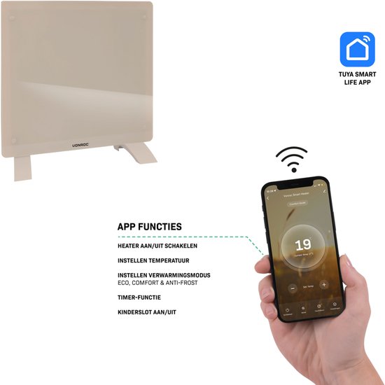 VONROC Luxe elektrische kachel - Convectorkachel met glazen paneel – 500W/1000W - Verwarmt ruimtes tot 12m2 - Bediening zowel met app (via Wifi) als handmatig – Instelbare thermostaat en timer - Beige