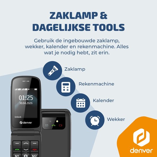 Denver Senioren Mobiele Telefoon 4G - Grote Toetsen - SOS knop - Smartphonevrij opgroeien - Oplaadstation - GSM - Bluetooth - FM Radio - Volledig NL en FR - Model 2026 - BAS24800L