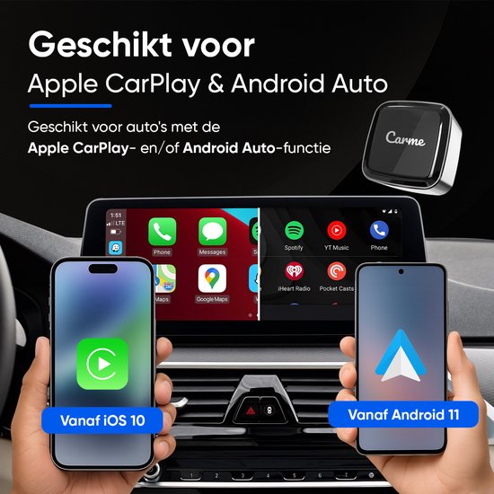 CarMe Ultra Mini 2-in-1 CarPlay Dongle - Draadloos CarPlay & Android Auto - USB-A & USB-C - Android Auto Dongle - Zilver