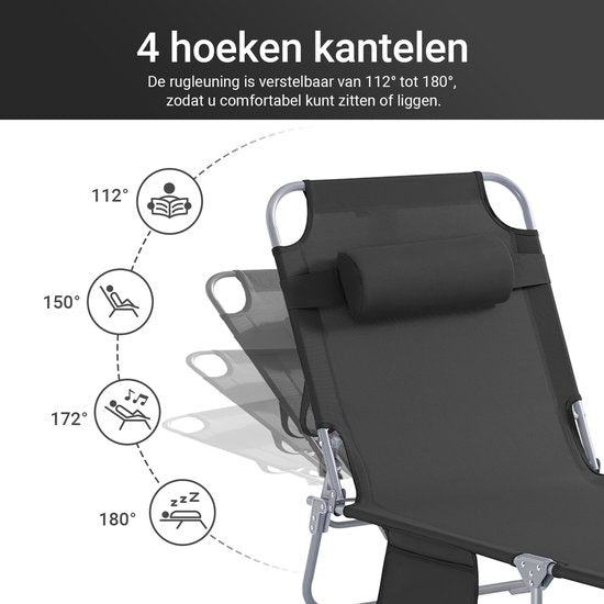 SoBuy Opvouwbare Ligstoel, Verstelbare Tuinligstoel met Hoofdsteun en Opbergzak, Ergonomische Relaxstoel voor Buiten,Tuin, Balkon en Terras, Zwart, OGS35-SCH