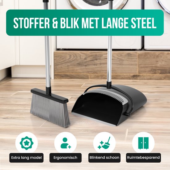 Avalo Stoffer en Blik met Lange Steel - Verstelbaar 87-127cm - Zwart