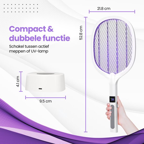 TTD® Premium Elektrische Vliegenmepper en Muggenlamp Oplaadbaar met XXL 2 Meter Oplaadkabel en LCD Scherm - 2 Standen Vliegenmepper en Muggenlamp - 2500 Volt - Oplaadbaar via USB en Stopcontact - Met Veiligheidsnet - UV-Licht - Vliegenvanger