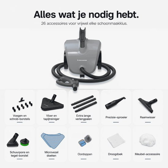 Techweise TS1 - Stoomreiniger - Reinigingsmachine - 3,6 bar 1500W - 26 accessoires - Vloer, badkamer, auto en meer - 40 min stomen