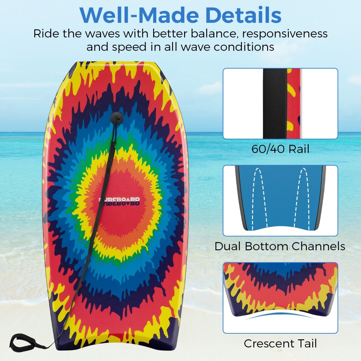 Coast Bodyboard - lichtgewicht - halvemaanvormige achterkant - met polsband - 104 cm