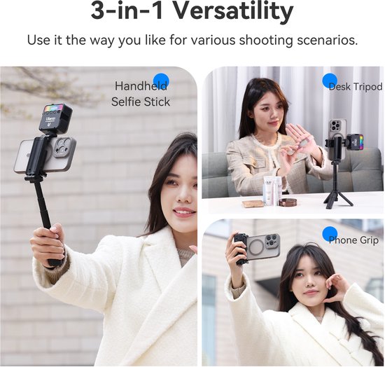 Ulanzi JJ02 Pocket selfie stick statief voor smartphone - Met bluetooth afstandsbediening - Compact broekzak-formaat - Maximale hoogte 40 cm - Zwart
