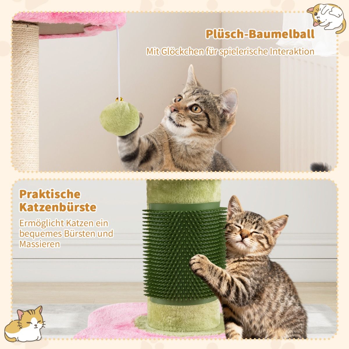 Coast Krabpaal voor katten - 3 verdiepingen - met pluche ligplek en bloemenplatforms - roze - 69 cm