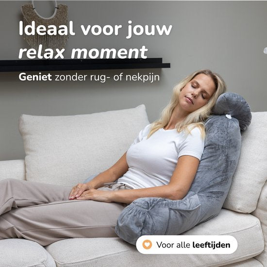 Leeskussen voor in bed - Goede houding in bed - Met 3 opbergvakken - Rugkussen voor onderrug - Bookseat voor bank - Grijs - Soft & Silky