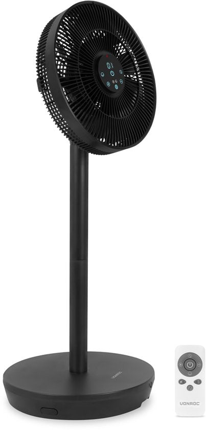 VONROC BREEZE Draadloze Ventilator – Fluisterstil (<44 dB) – 24 snelheden – lichtgewicht en draagbaar - 3 windmodi: Natuurlijk, Slaap, Normaal – Modulair: tafelventilator én vloerventilator – Luxe touchdisplay – Incl. afstandsbediening – Zwart