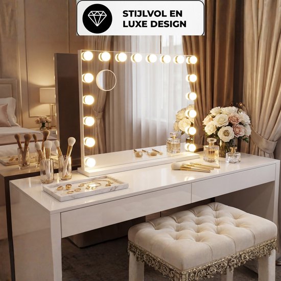 Bayt Hollywood Spiegel - Make up Spiegel - Spiegel - Hollywood Spiegel 80x60 - Dimbaar - 10x Vergroting - Met Verlichting en Bluetooth - USB aansluiting - 80x60 - Wit