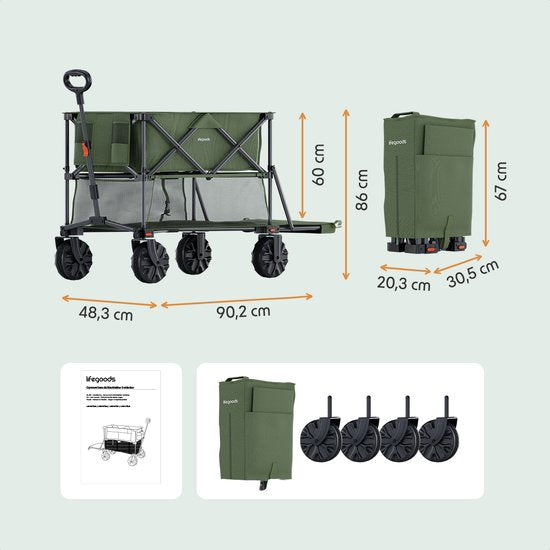 LifeGoods Dubbele Bolderkar - Opvouwbare Bolderwagen - 200KG - 400L - Uitklapbaar - Met Beschermhoes - Groen