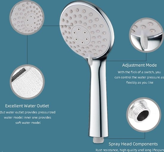 Fuegobird Douchekoppen - met slang en houder - 3 functies - Waterbesparende Handdouche - Zilver