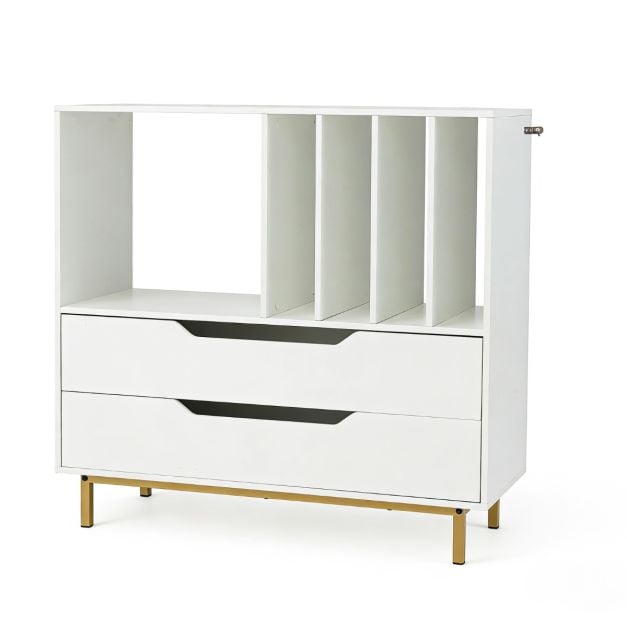 Coast Platenspeler Meubel Wit – Retro Vinylkast met 4 Platenvakken en 2 Lades – 91 x 36 x 87 cm