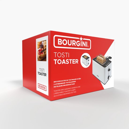 Bourgini Tosti Toaster - Broodrooster met Tostiklemmen - Wit - Extra brede sleuf geschikt voor 2 tosti's - Instelbare bruiningsstand en ontdooifunctie
