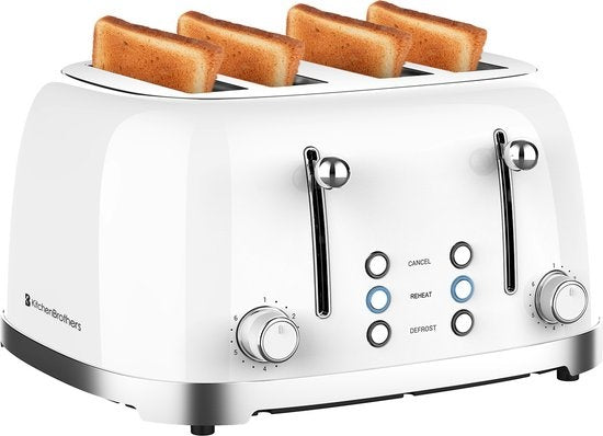 KitchenBrothers Retro Broodrooster - 6 Warmteniveaus - 4 Extra Brede Sleuven - 1630W - Reheat en Ontdooi-functie - Wit