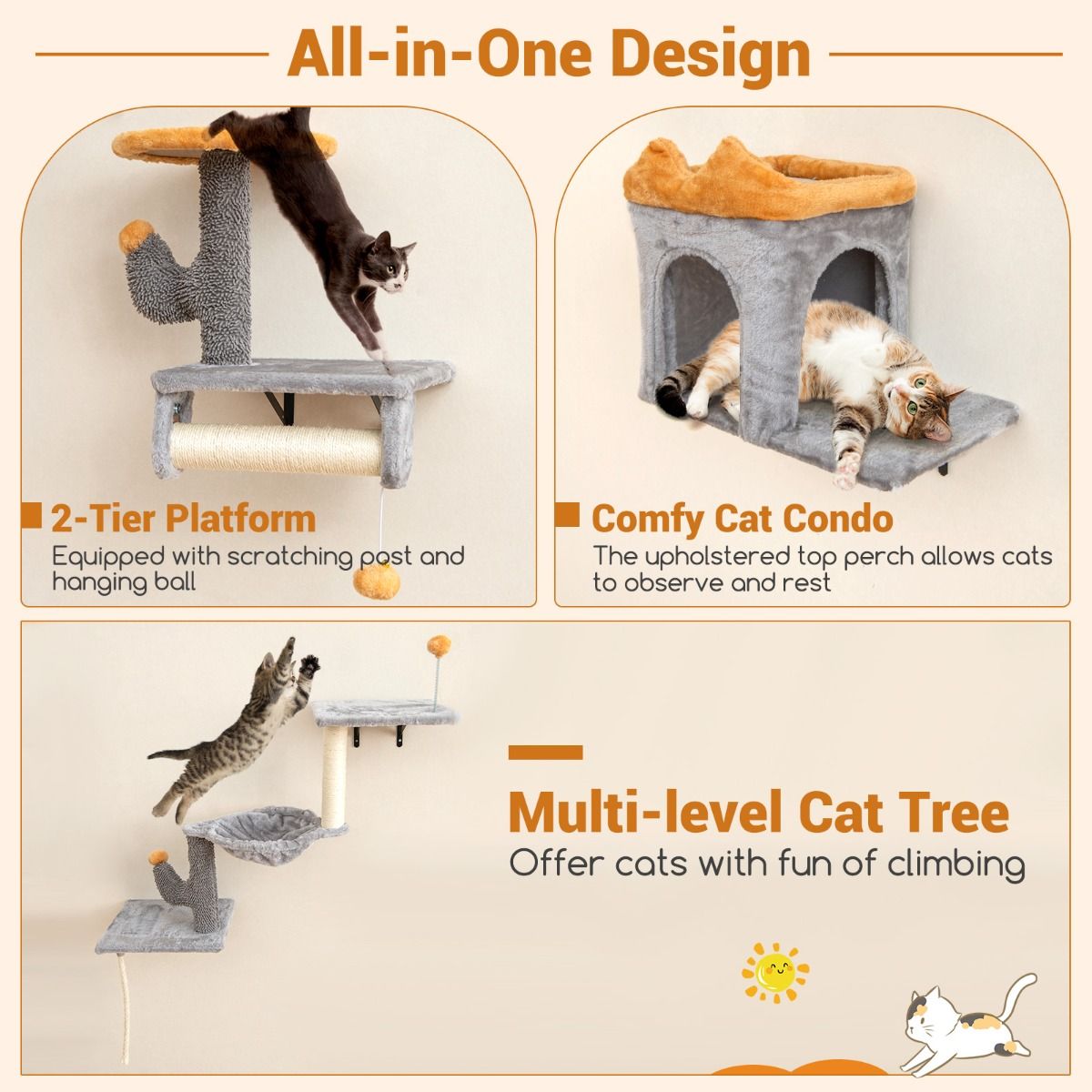 Coast Wandgemonteerde Kattentoren Set - Ruimtebesparend - 2-Niveau Platform - Grijs