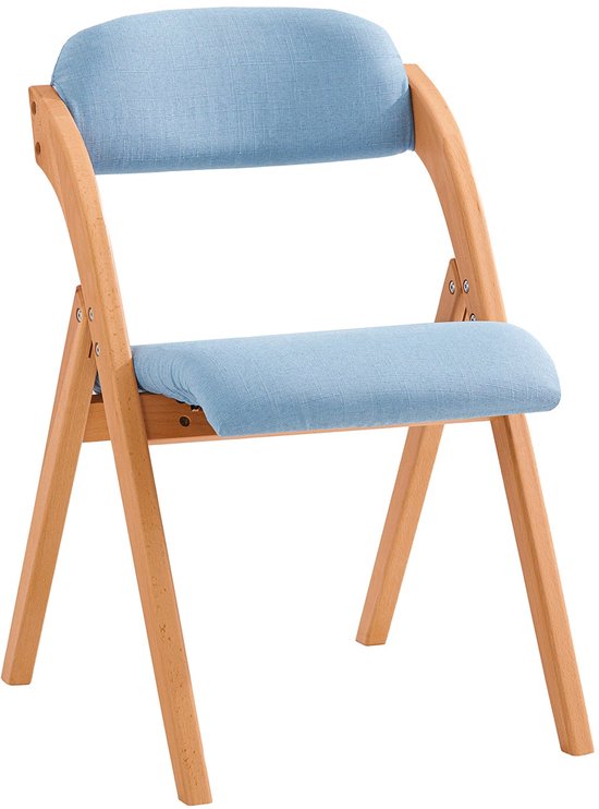 SoBuy Houten Klapstoel met Gestoffeerd Zitkussen, Bureaustoel, Eetkamerstoel, Natuur/Blauw, 47.5x77x59 cm, FST92-BL - voor eetkamer, balkon of kantoor