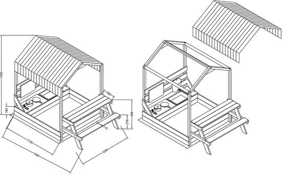 AXI Bo Zandbak & Speelhuisje 159 x 105 cm met Speelkeuken en Picknicktafel Bruin – FSC hout – Met Krijtbord en 6-delig Zandbak Accessoireset – Inclusief afdekzeil en gronddoek – 10 jaar garantie