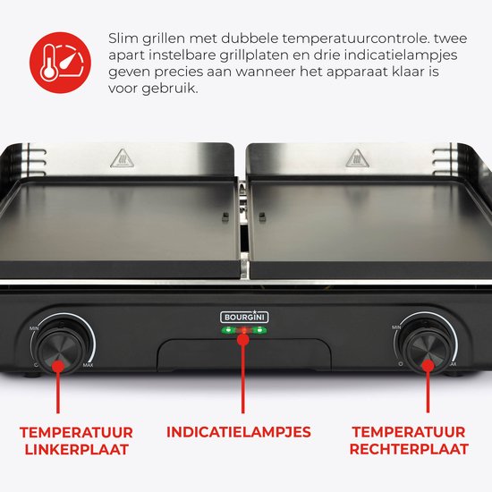 Bourgini Plancha Pure voor 8 personen – Keramische coating (PFAS-vrij) – Elektrisch – Gezond grillen - Bakplaat - Grillplaat - Keerbare bakplaat ribbel en vlak