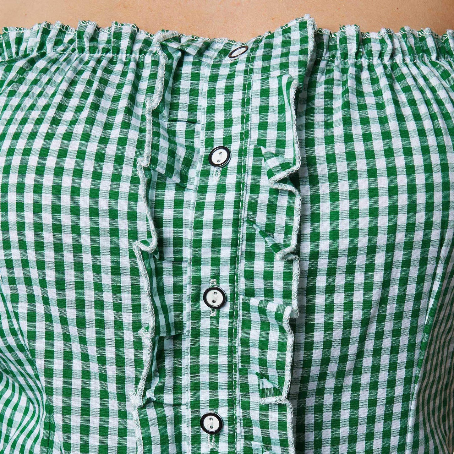 Dressforfun Ina traditionele blouse 900620 - groen wit geruit - Carmen halslijn - korte mouw