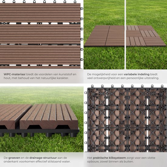 tectake® WPC houten tegels - Houtlook tegels - Weerbestendig - Vloerbedekking voor buiten - Vloertegels - Balkonvloer - Terrastegels met kliksysteem - Afvoer - Set van 22 - Bruin