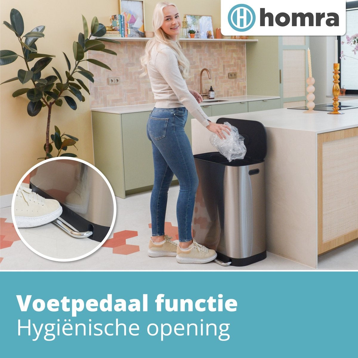Homra Afvalscheidingsprullenbak – Duo Pedaalemmer met Geurfilter – 60L (2x30L) – RVS - Grijs - 37x58x68,5 cm