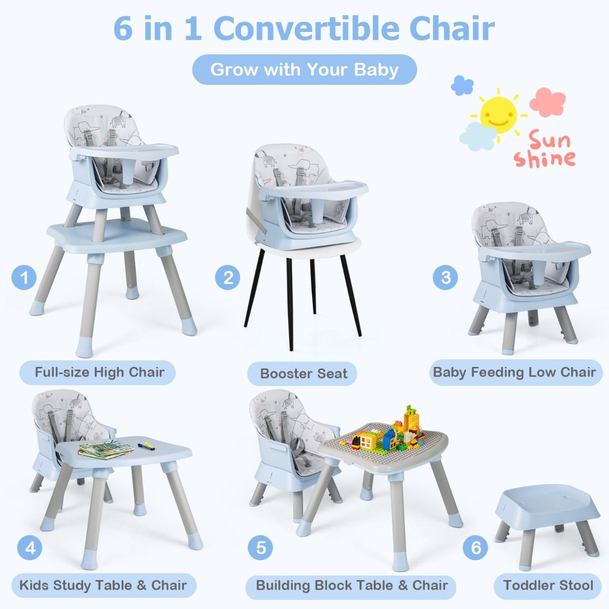 Coast Kinderstoel 6-in-1 - Stoelverhoger en Bouwsteentafel - Inclusief Krukje en 5-puntsgordel - Lichtgrijs