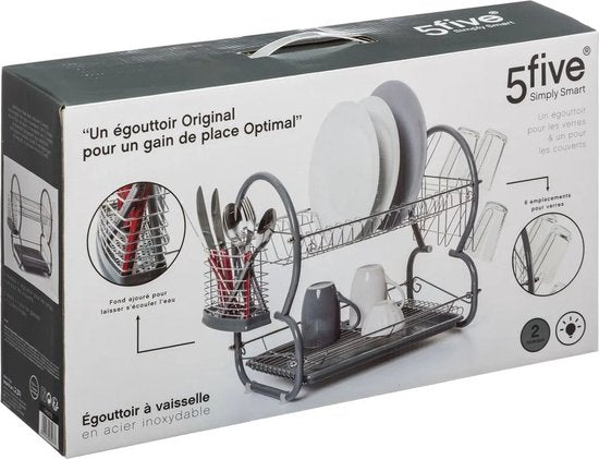 Afdruiprek/afwasrek 2-laags met lekbak en verwijderbare bestekbak grijs 43 x 24,5 cm van metaal - Afwassen