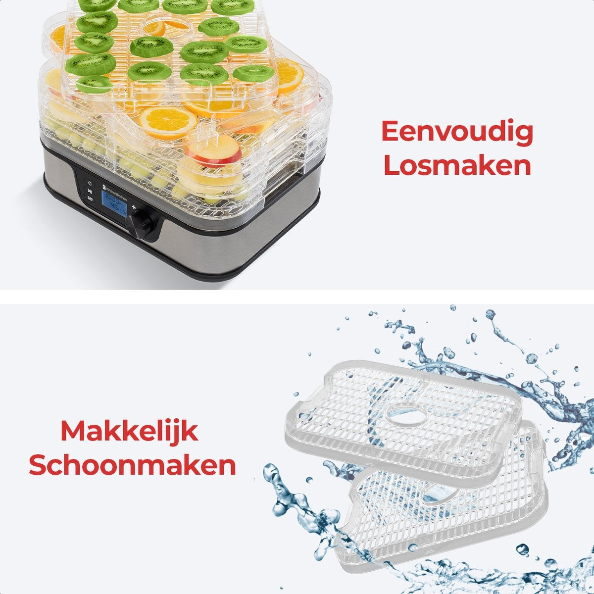 KitchenBrothers Voedseldroger - Elektrisch 380W - 5 Laags - 9 Hitte-niveaus - 35°C tot 75°C - LCD Display - Timer - RVS/Zwart