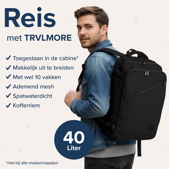 TRVLMORE Reistas - 25L Rugzak - Handbagage - Spatwaterdicht - Rugtas - Weekendtas - Dames en Heren - Zwart