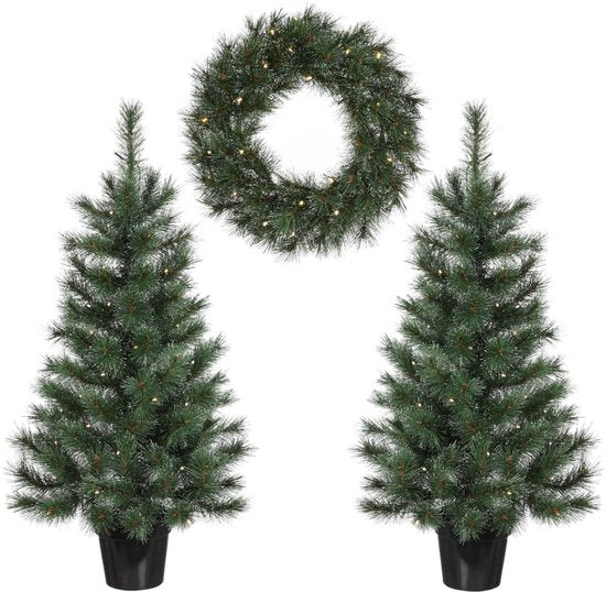 Black Box Trees Glendon Kerstboom en Kerstkrans Set - 2 Kunstkerstbomen en 1 Krans met LED Verlichting - Groen