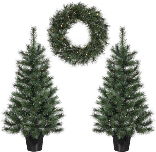 Black Box Trees Glendon Kerstboom en Kerstkrans Set - 2 Kunstkerstbomen en 1 Krans met LED Verlichting - Groen