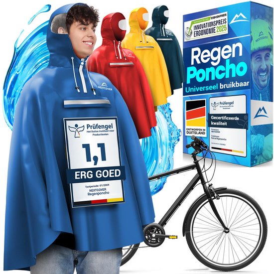 Nextcover Regenponcho Fiets voor Dames en Heren | Regencape met AquaShield 2.0 Technologie, Winddicht & Waterdicht | Ideaal voor Fietsen, Wandelen en Vissen | Fietsponcho Volwassenen Unisex Pasvorm | Poncho
