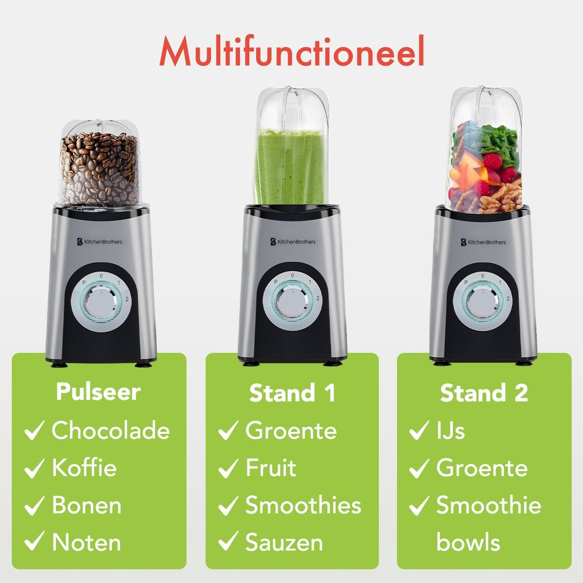 KitchenBrothers Smoothie Blender - 2-in-1 Mini Blender - 4 Bekers - Zilver